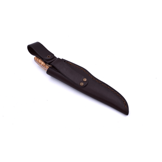 Brisa Traper 95 Bushcraft Knife in Elmax Steel, with Curly Birch handle and leather sheath
