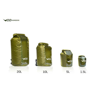 DD Dry Bags, waterproof roll top bags in olive green, with a clear window.