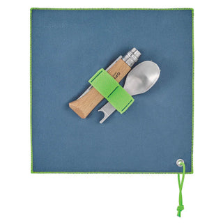 The Opinel Picnic + Set, a convenient set of cutlery comprised of an Opinel No.8 knife, a fork and a spoon which attach to the knife, and a microfibre towel case.