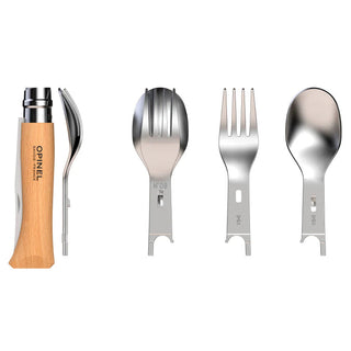 The Opinel Picnic + Set, a convenient set of cutlery comprised of an Opinel No.8 knife, a fork and a spoon which attach to the knife, and a microfibre towel case.