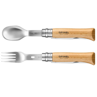 The Opinel Picnic + Set, a convenient set of cutlery comprised of an Opinel No.8 knife, a fork and a spoon which attach to the knife, and a microfibre towel case.