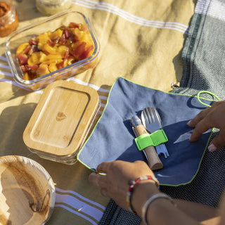 The Opinel Picnic + Set, a convenient set of cutlery comprised of an Opinel No.8 knife, a fork and a spoon which attach to the knife, and a microfibre towel case.