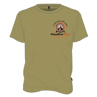 Olive Green T shirt with the Woodland Ways Logo embelished with a 20th anniversary design.