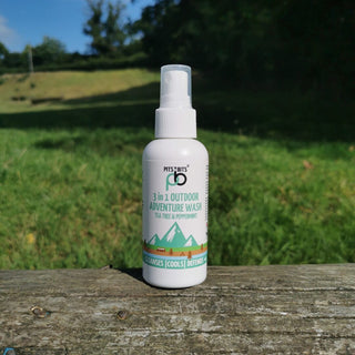 Pits & Bits 3 in 1 outdoor wash - a convenient way to stay clean and fresh on your next adventure. Supplied in 100ml in a spray bottle.