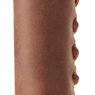 Hults Bruk brown leather overstrike guard (regular size) featuring complimenting stiches, showing the leather cord used to tie the guard to the axe handle. 