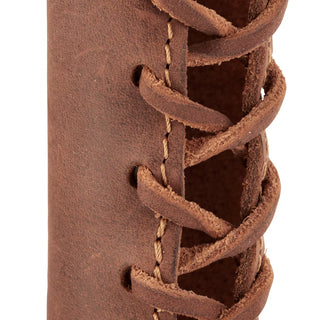 Hults Bruk brown leather overstrike guard (regular size) featuring complimenting stiches, showing the leather cord used to tie the guard to the axe handle. 