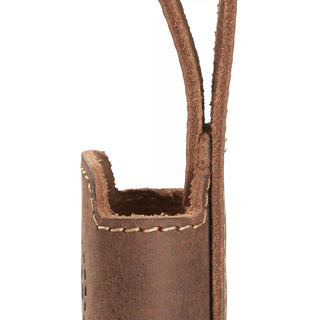 A Hults Bruk Brown leather axe holster or loop, worn on the belt to carry an axe. Shown here with a stamped HB logo, and complimenting stiching. 