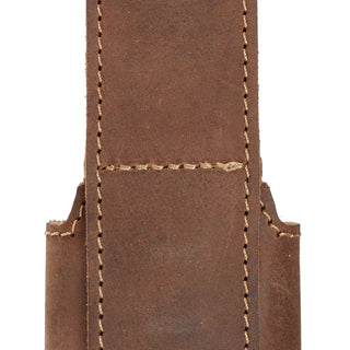 A Hults Bruk Brown leather axe holster or loop, worn on the belt to carry an axe. Shown here with a stamped HB logo, and complimenting stiching. 