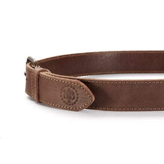 Hults Bruk Brown leather belt with antiqued brass fittings and complimenting stitching, featuring an embossed HB logo