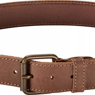 Hults Bruk Leather belt, a brown leather belt with an antiqued brass buckle, and complimenting stitching. 