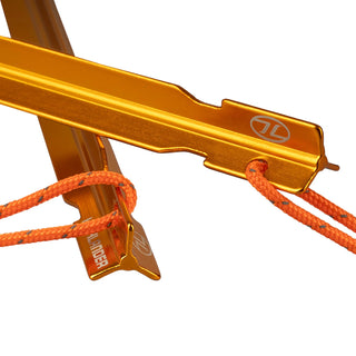Highlander Arrow aluminium tent pegs. 7" (18cm) pegs to secure your tarp or tent against bad weather, when pitched on hard or soft ground. Bright orange colour with high visibility cord to reduce loss.