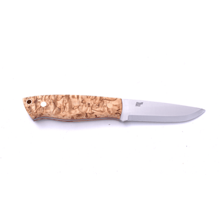 Brisa Traper 95 Bushcraft Knife in Elmax Steel, with Curly Birch handle and leather sheath