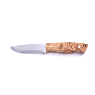 Brisa Traper 95 Bushcraft Knife in Elmax Steel, with Curly Birch handle and leather sheath