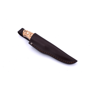 Brisa Traper 95 Bushcraft Knife in Elmax Steel, with Curly Birch handle and leather sheath