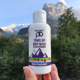Pits & Bits Towel Off Body Wash - Fresh Fragrance. A handy 100ml bottle to keep you clean and fresh on your next adventure.