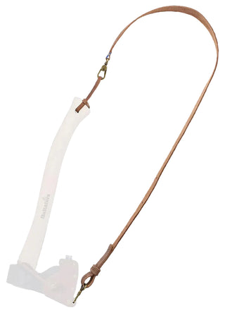 Brown leather axe sling with brass clasps and a Swedish flag label, shown with an axe for reference.