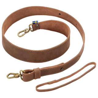 Brown leather axe sling with brass clasps and a Swedish flag label.