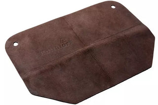 Hultafors Forsberg Trekker's little helper. A brown leather pad with a stamped Hultafors Logo, and holes in two corners for supplied leather cord.