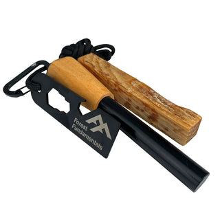 Forest Fundamentals Artisan fire lighter ferrocerium rod. Featuring a piece of Fatwood, a ferro rod, and a striker, tied together with paracord.