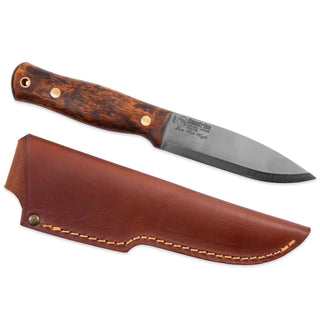 Casstrom Lars Falt fixed blade knife. Brown curly birch handle, spear point blade and a leather sheath.