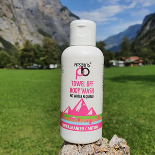 Pits & Bits Antibacterial Towel off Body Wash, supplied in a white 100ml bottle as a handy travel size to keep you clean and fresh on your next adventure!