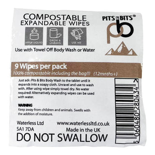 Pits & Bits 9 pack of expandable and compostable wipes to help keep you clean and fresh on your next adventure. Small fruit pastille sized wipes that are lightweight and compact for easy travel. 