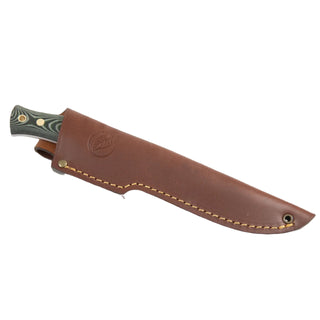 Casstrom No.14 Swedish Forest Knife with a green Micarta handle, and a brown leather sheath.