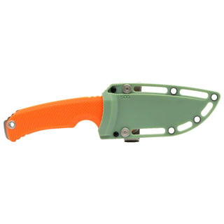 SOG Tellus Fixed Blade Knife, with orange handle and Sage green sheath
