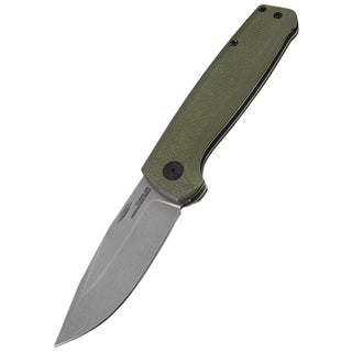 SOG Terminus knife, a UK friendly folding knife, with a D2 steel blade and green micarta handle