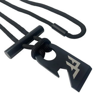 Forest Fundamentals Sidekick firelighting necklace. A hardened steel striker, a ferrocerium rod, and some survival paracord.