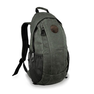 Green waxed canvas rucksack with black mesh side pockets, and a leather logo patch