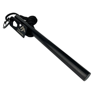 Forest Fundamentals Beast Ferrocerium rod - this is the 8" version. Shown with a steel striker, paracord and carabiner.