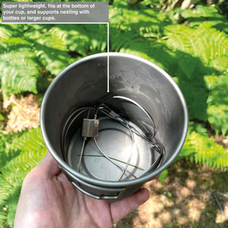 Forest Fundamentals TrailGrip pot and cup hangers. A stainless steel wire that can hold a cup or pot over a fire with ease.