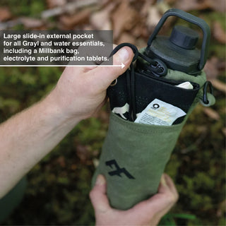 Forest Fundamentals Insulated Bottle bags for the Grayl GroPress, and UltraPress, showing the storage pocket on the bottle bag.