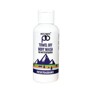 Pits & Bits Towel Off Body Wash - Fresh Fragrance. A handy 100ml bottle to keep you clean and fresh on your next adventure.