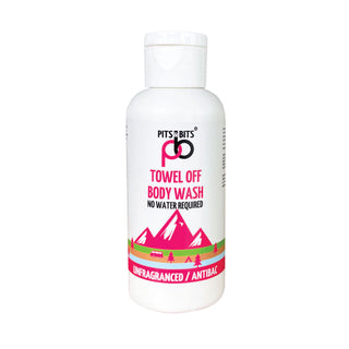 Pits & Bits Antibacterial Towel off Body Wash, supplied in a white 100ml bottle as a handy travel size to keep you clean and fresh on your next adventure!