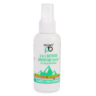 Pits & Bits 3 in 1 outdoor wash - a convenient way to stay clean and fresh on your next adventure. Supplied in 100ml in a spray bottle.
