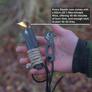 Forest Fundamentals Stealth Firelighter, a ferrocerium rod, in an aluminium holder, with fire lighting cord, striker, and lanyard. The cord is lit showing a small flame, with a dialogue box.