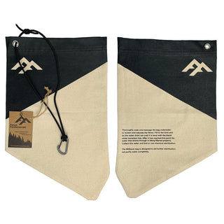 The Forest Fundamentals Millbank Bag, showing both sides. A Black and white water filter bag, with instructions and hanging cord.